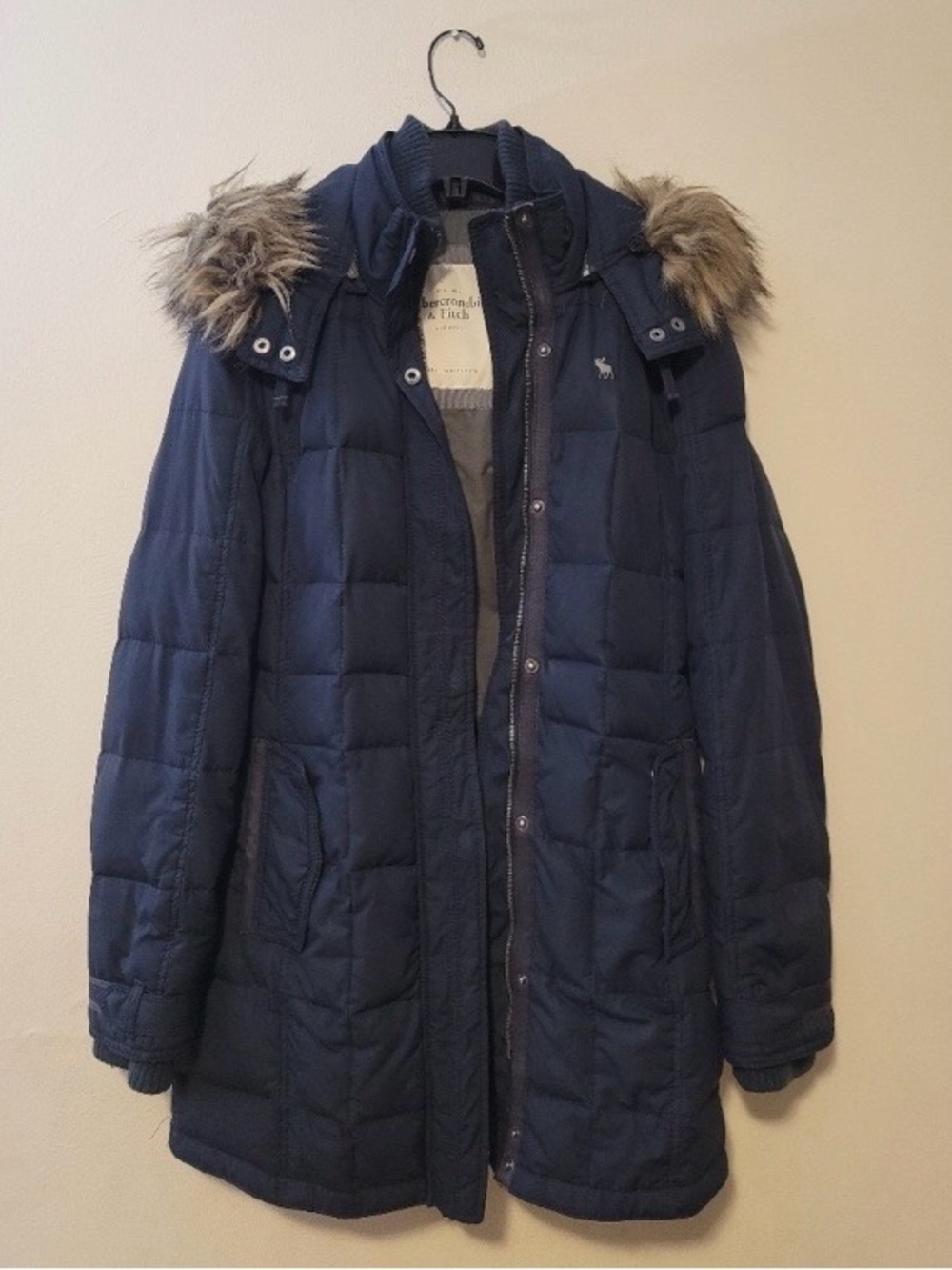 Abercrombie & Fitch Dark Blue Puffer Jacket with Faux Fur Hood
